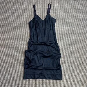 🖤 Vintage Black Slip Dress | Size S | Purple Satin Straps | Scallop Hem